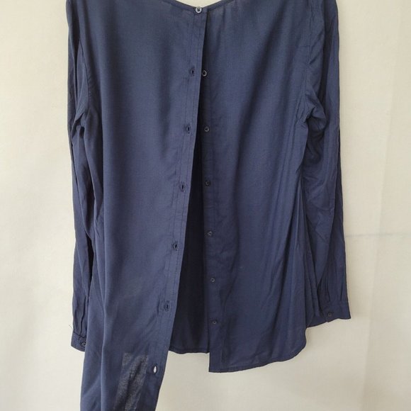 S Oliver Top Women 10 Navy Blue Button‎ Back Long Sleeve Blouse Pleated - Picture 10 of 14